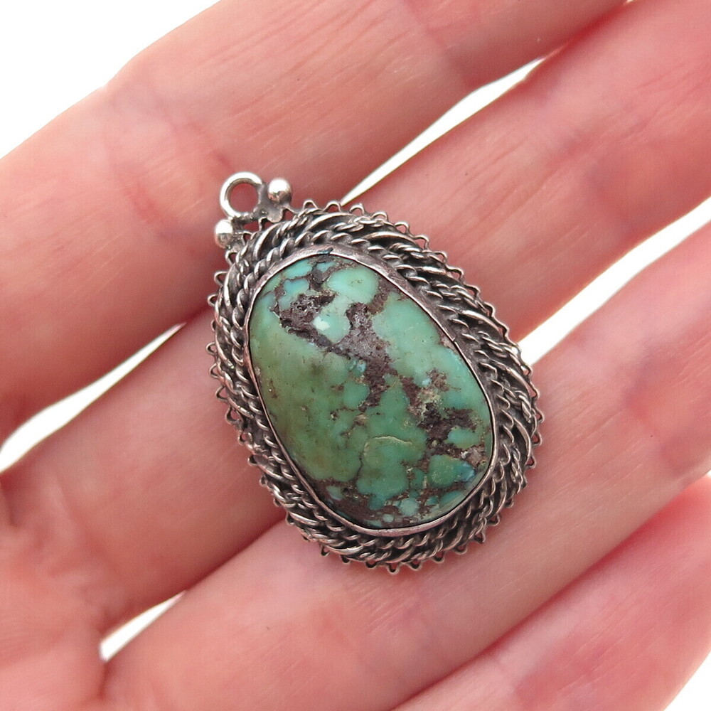 935 Silver Antique Art Deco Israel Real Turquoise Oxidized Charm Pendant